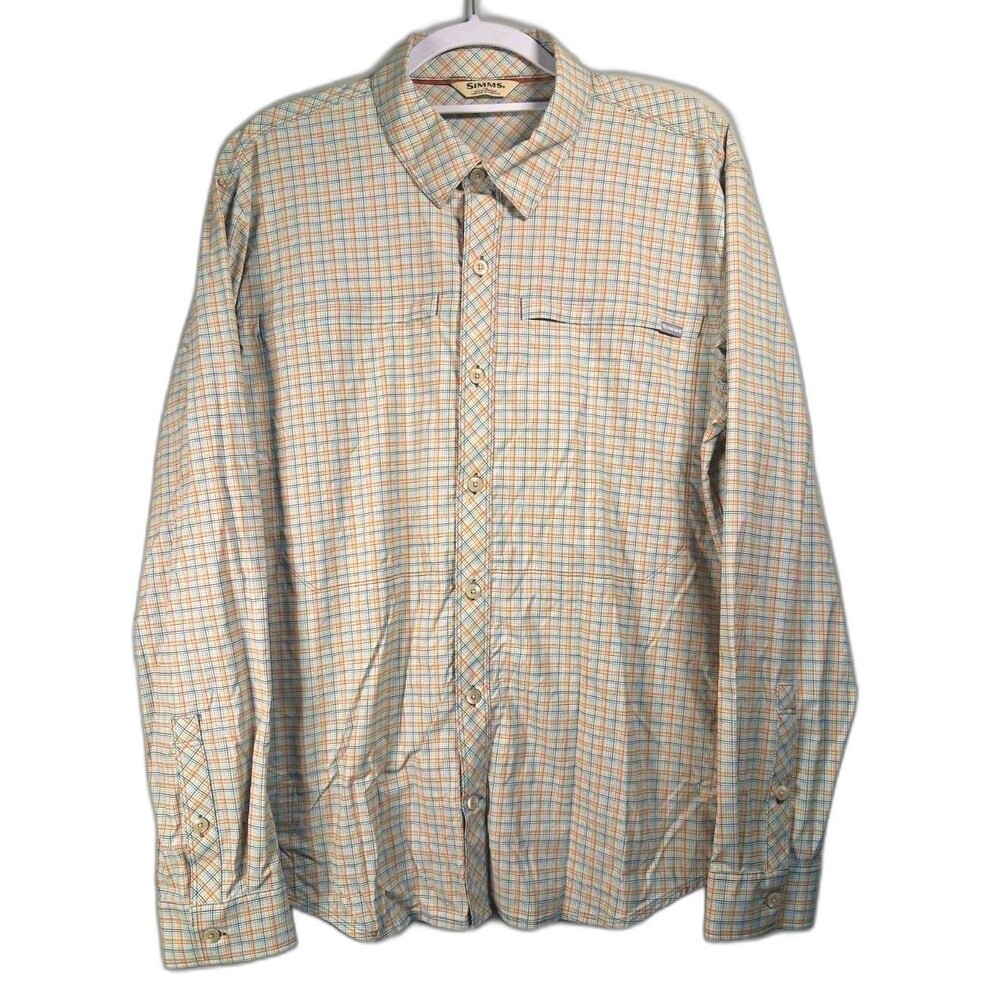 Simms Shirt Mens Large Beige Orange Plaid brrr Nylon Stretch Long Sleeve Pockets